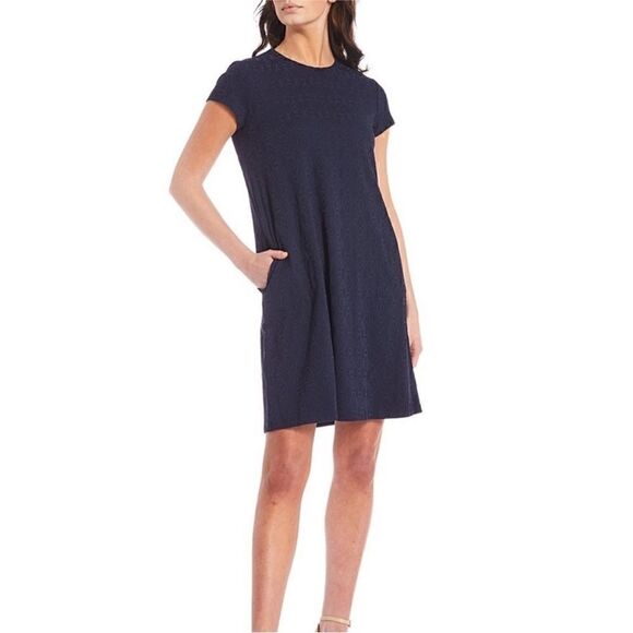 J.McLaughlin Textured Knit Jacquard Crew Neck Cap Sleeve Swing Dress Navy Blue - Picture 2 of 8